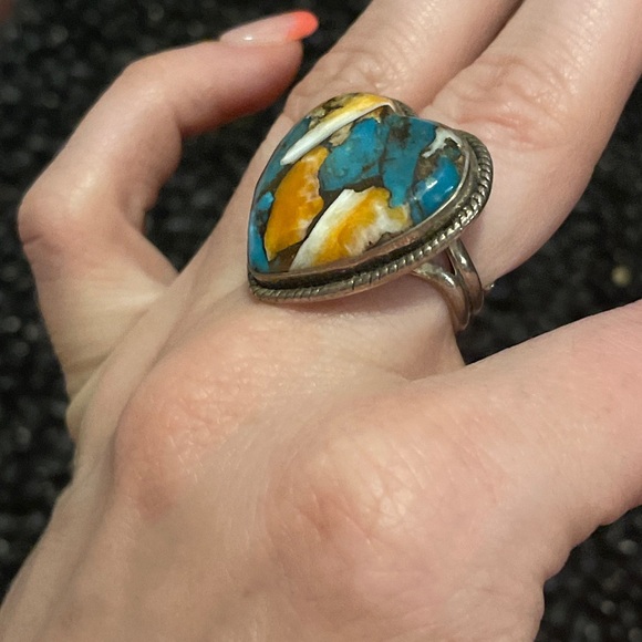 Sterling Silver Native American Sw Orange Spiny Turquoise Mix Heart Ring Adjust - Picture 9 of 9